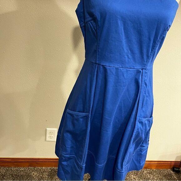 One shoulder navy fitted dress with pockets - Picture 3 of 13